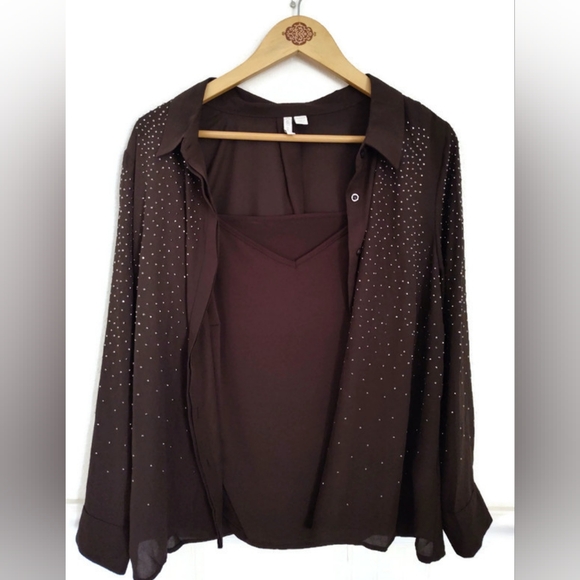 Cato Tops - CATO 2 Piece Chocolate Brown Top Embellished With Tank Plus Size 18/20